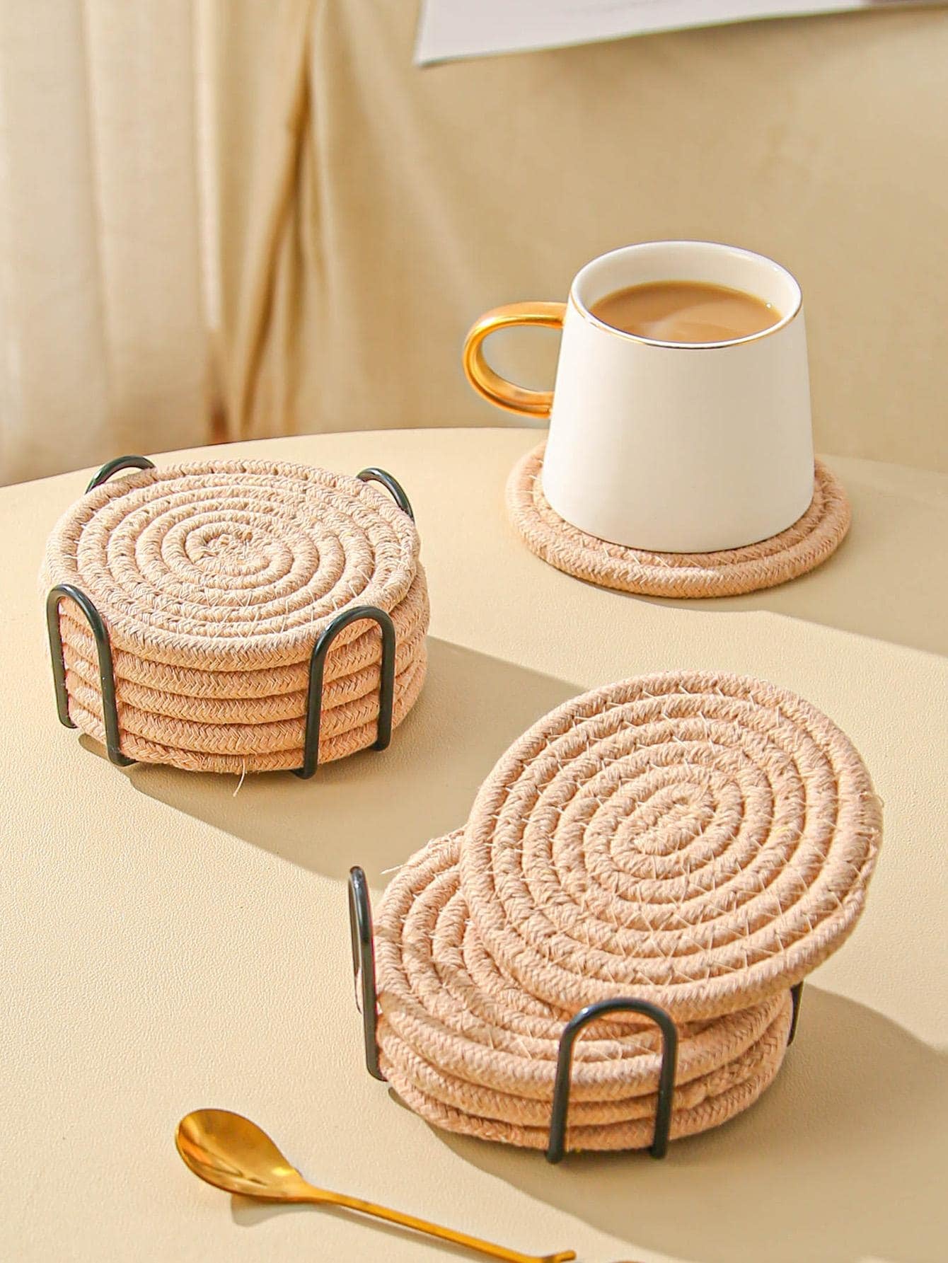6Pcs Solid Color Woven Coaster & 1Pc Storage Rack, Daily Polyester round Table Cup Coaster for Table